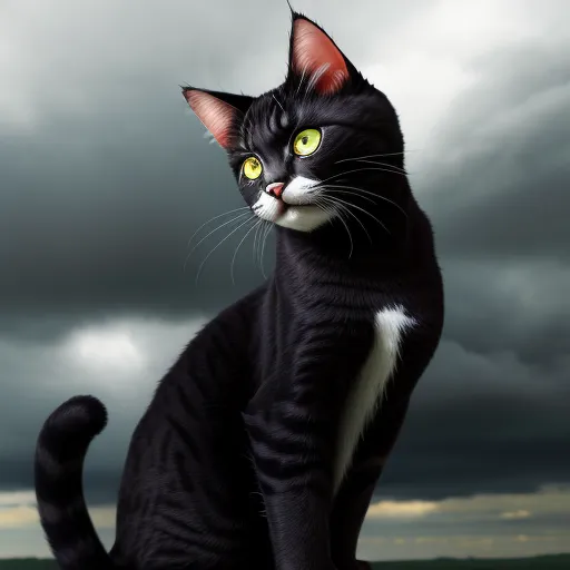 a black cat with yellow eyes sitting on a rock under a cloudy sky with dark clouds in the background, by Peter Holme III