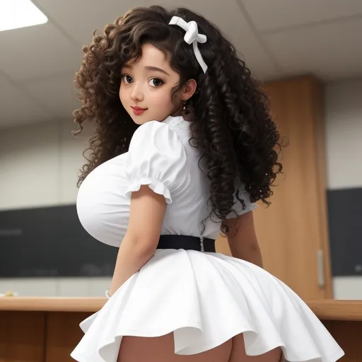 how to make photos high resolution - a woman in a white dress and a black belt is posing for a picture in a classroom with a wooden desk, by Terada Katsuya