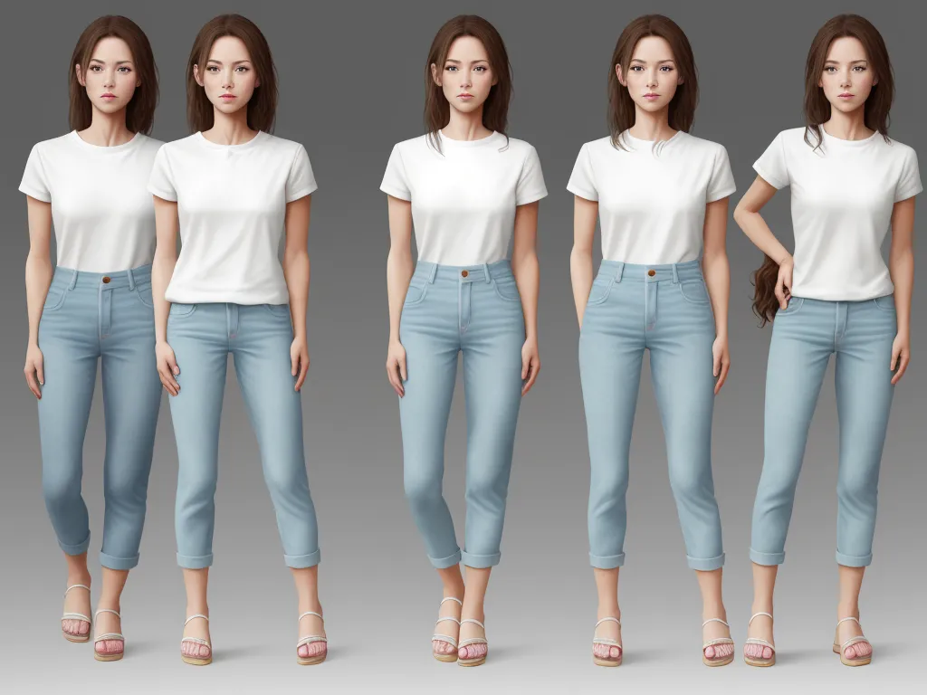 a woman in four different poses in different poses, with a white shirt and jeans on, and a white shirt on, by Toei Animations