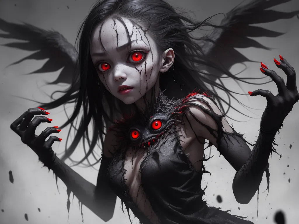 generate photo from text - a woman with red eyes and black hair with red eyes and black wings, holding a black cat with red eyes, by Chen Daofu