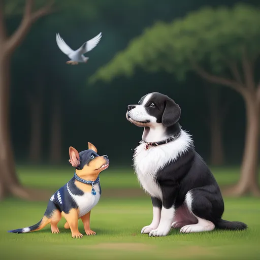 a dog and a bird are sitting in the grass together, one is looking up at the bird in the sky, by Pixar Concept Artists