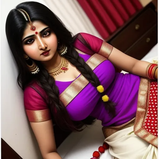 ai based photo editor - a woman in a purple and gold sari posing for a picture with her hands on her hips and a red and white sari, by Johannes Vermeer