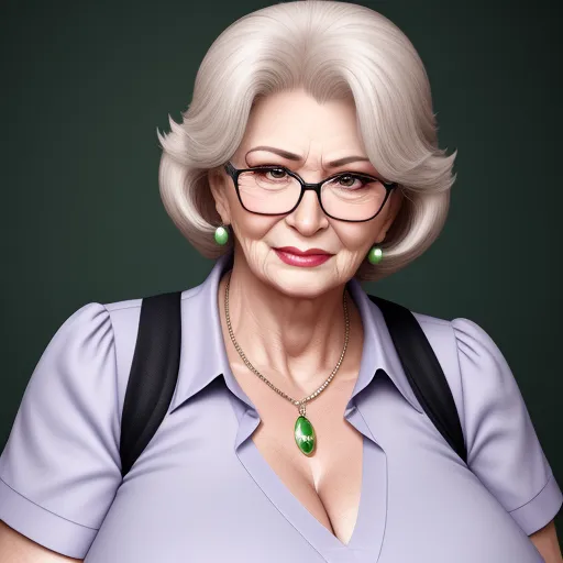ai photo generator from text - a woman with glasses and a green necklace on her neck and a green necklace on her neck, and a black backpack on her shoulder, by Fernando Botero