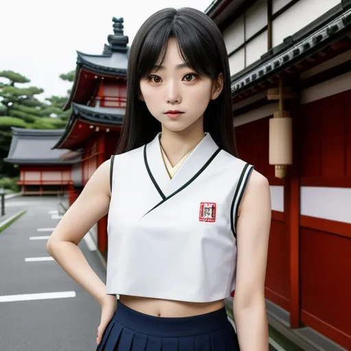 how to increase image resolution - a woman in a white top and blue skirt standing in front of a building with a red roof and a red door, by Terada Katsuya