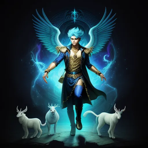 word to image generator - a man with wings and a blue outfit surrounded by white animals and a blue background with a blue angel, by Baiōken Eishun