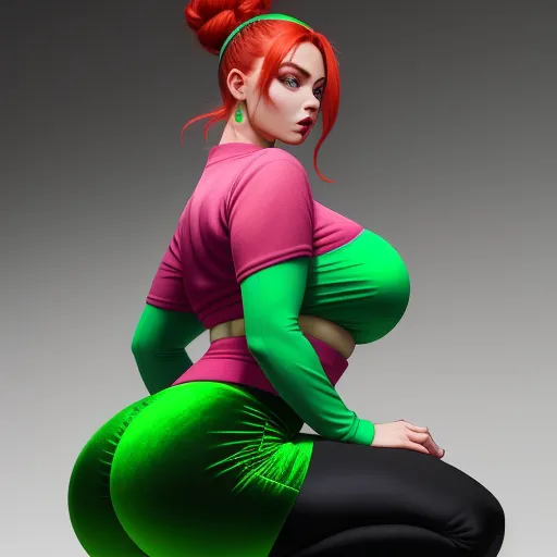a woman with red hair and green pants is posing for a picture in a green and pink outfit and a green ponytail, by Hirohiko Araki