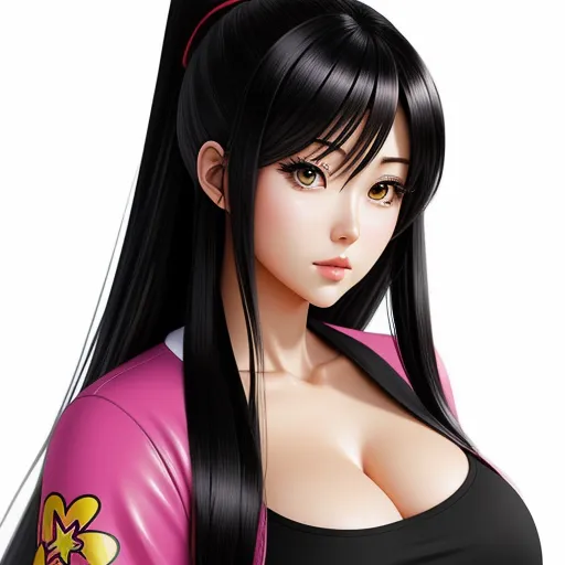 a very cute looking girl with long black hair and a pink top on her head and a black jacket, by Hanabusa Itchō