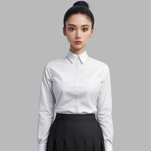 upscale images - a woman in a white shirt and black skirt standing in front of a gray background with her hands in her pockets, by Chen Daofu