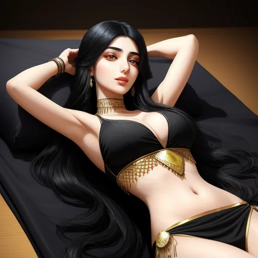 a woman in a bikini laying on a bed with a gold belt around her waist and a gold chain around her neck, by Hanna-Barbera