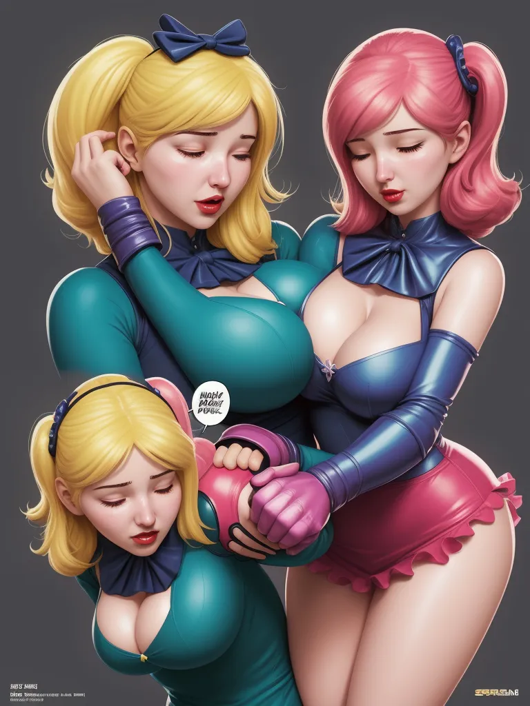 convert photo to 4k resolution - two women in latex outfits are hugging each other and one is holding a pink glove and the other is wearing a blue top, by Akira Toriyama