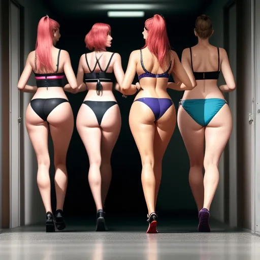 three women in bikinis are walking through a hallway together, with one of them wearing a bra and the other wearing a bikini, by Terada Katsuya
