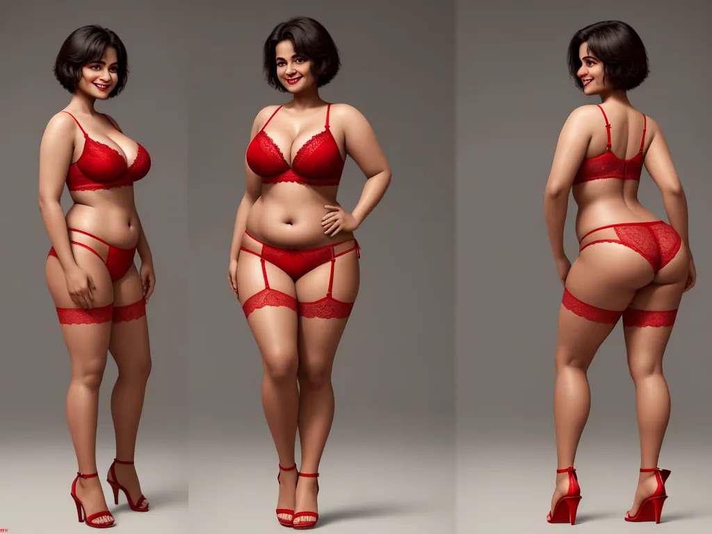 a woman in a red lingerie poses for a picture in three different poses, both of which are very large, by Hendrik van Steenwijk I