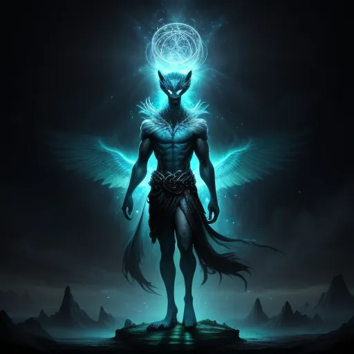 ai that creates any picture - a man with wings and a halo in his hand standing in the dark with a glowing halo in his hand, by Lois van Baarle