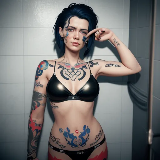 increase resolution of image - a woman with tattoos on her body in a bathroom stall with a mirror behind her and a tiled wall behind her, by Terada Katsuya