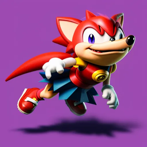 a cartoon character is flying through the air with a red and yellow sonic costume on, and a purple background, by Toei Animations