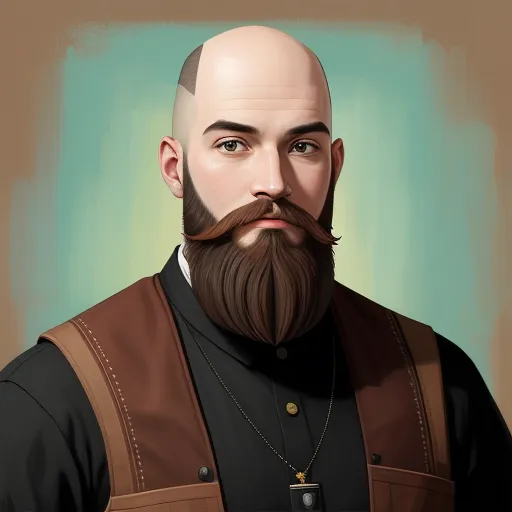 a man with a bald head and a beard wearing a vest and a cross necklace with a cross on it, by Daniela Uhlig
