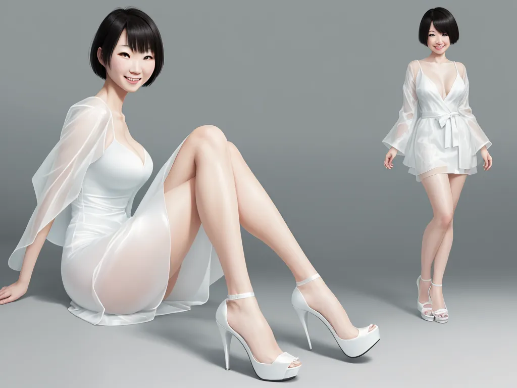 ai image generators - a woman in a white dress and high heels posing for a picture with her legs crossed and her legs crossed, by Hayao Miyazaki