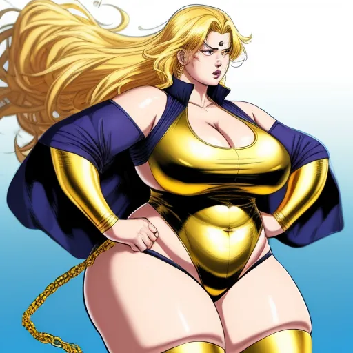 image convert - a cartoon of a woman in a gold outfit with a chain around her waist and a big breast,, by Hiromu Arakawa