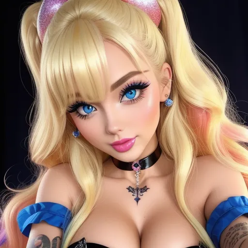 make a photo high res - a very pretty blonde with big breast and big breast breasts wearing a black bra and blue stockings and a pink bow, by Sailor Moon