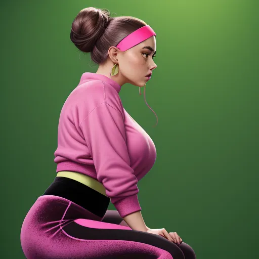 a woman with a pink top and black pants sitting on a green background with a pink headband on, by Hirohiko Araki