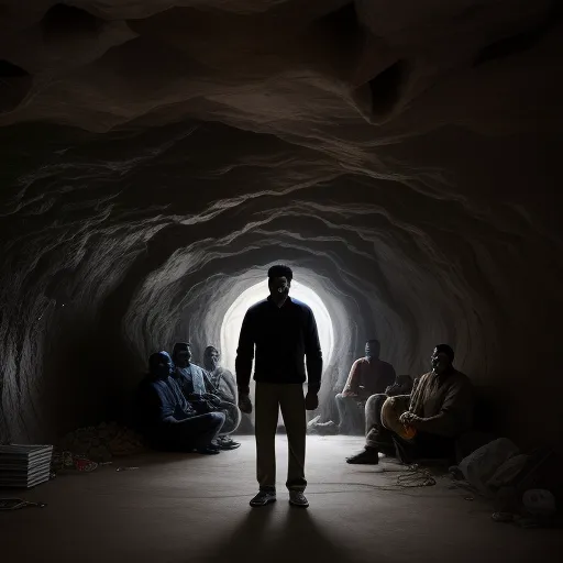 a man standing in a dark tunnel with people sitting on the floor and a man standing in the middle, by Michael Heizer