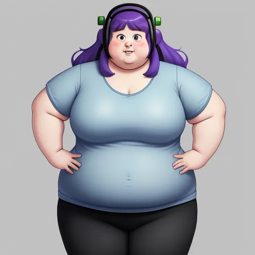 a fat woman with headphones on her head and a blue shirt on her stomach, standing in front of a gray background, by Fernando Botero