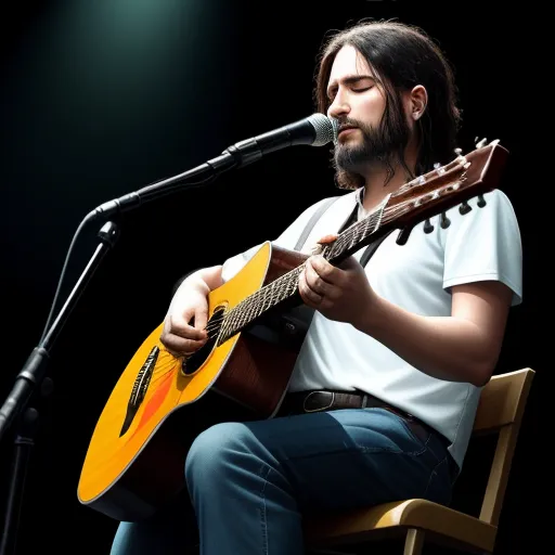 a man with a guitar sitting in front of a microphone and a microphone stand behind him, with a microphone in the background, by Billie Waters