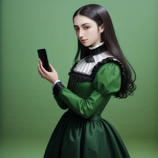 a woman in a green dress holding a cell phone in her hand and looking at the screen with a serious look on her face, by Terada Katsuya