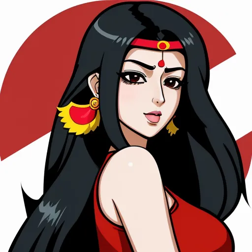 a woman with long black hair wearing a red top and gold earrings with a red circle behind her and a red and white background, by theCHAMBA