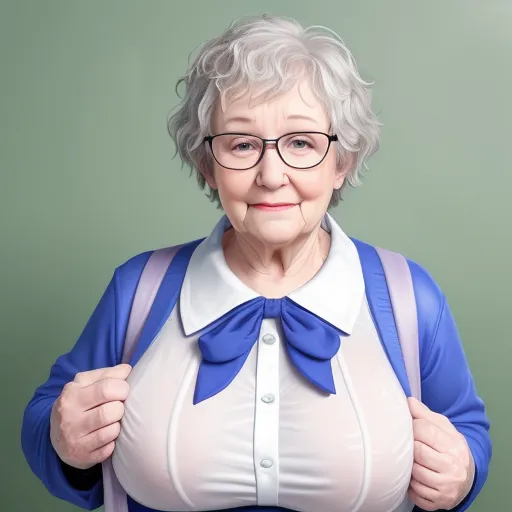 turn image into hd - an older woman with glasses and a blue shirt is holding her hands on her hips and looking at the camera, by Hendrick Goudt
