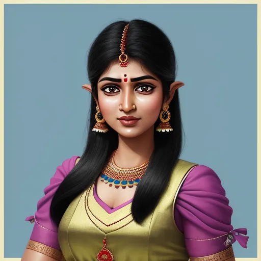 4k quality picture converter - a woman with long hair wearing a necklace and earrings on her head and a blue background with a white border, by Raja Ravi Varma