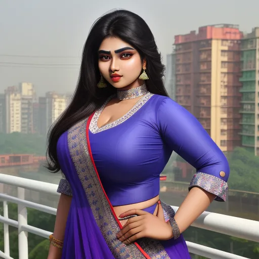 a woman in a blue sari posing for a picture on a balcony with a city in the background, by Hendrik van Steenwijk I