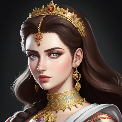 a woman with a tiara and a long brown hair wearing a gold necklace and earrings with a diamond and ruby brooch, by Daniela Uhlig