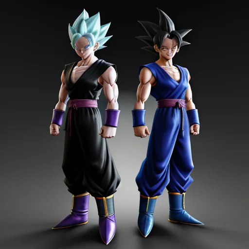 two cartoon characters are standing side by side in a pose, one is wearing a blue and one is wearing a black and purple outfit, by Akira Toriyama