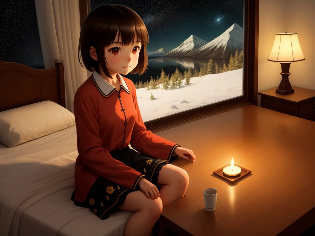 picture converter - a girl sitting on a bed next to a lit candle in a room with a window and a mountain view, by NHK Animation