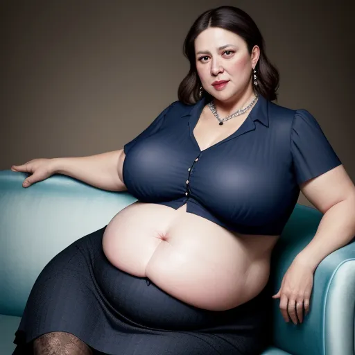 a woman in a blue shirt and skirt sitting on a blue couch with her belly exposed and her hand on her hip, by Billie Waters