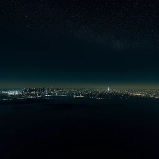 a city at night with a very dark sky and stars above it and a city below it with lights, by Bjarke Ingels