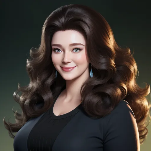 convert image to hd - a woman with long brown hair and a black dress smiling at the camera with a green background and a green background, by Lois van Baarle