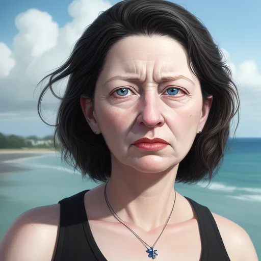 a woman with a necklace on her neck standing in front of the ocean and a beach with a blue sky, by Chris Leib