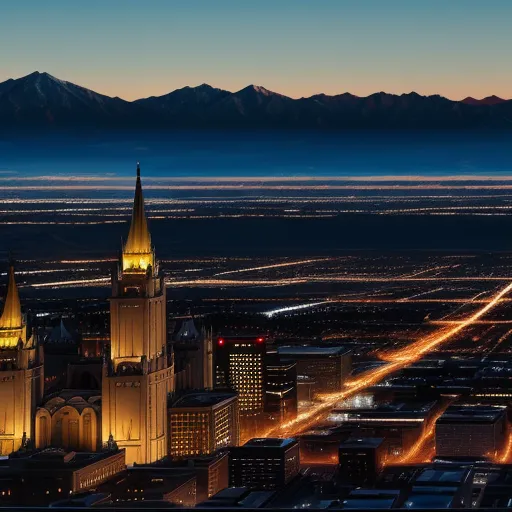 a city skyline with a mountain in the background at night time with lights on and a view of a city, by Dan Smith