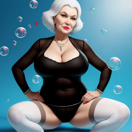 hd photo online - a woman in a black bodysuit sitting on a blue background with bubbles floating around her and her hands on her hips, by Botero