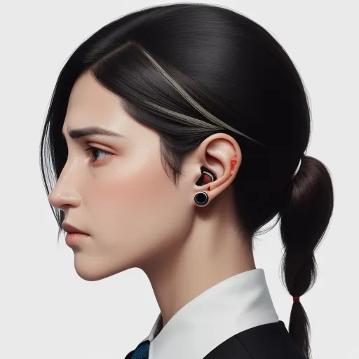 a woman with a ponytail and a black and white shirt and earring is shown in a profile view, by Hsiao-Ron Cheng