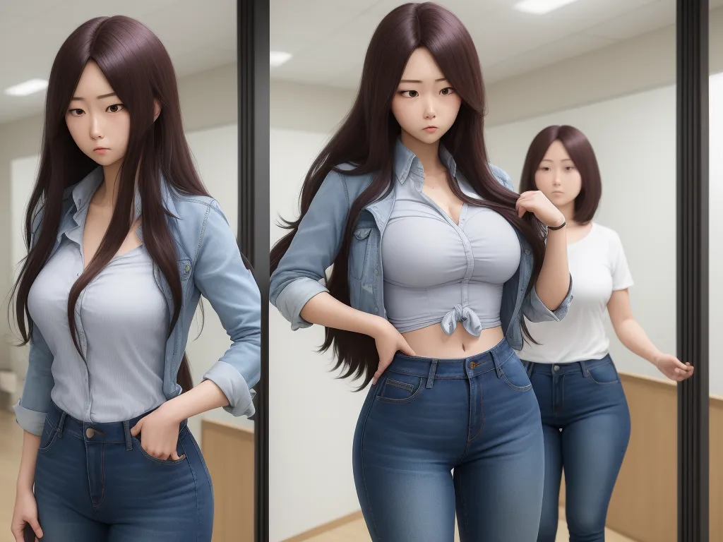 a woman in a blue shirt and jeans posing for a picture in a mirror with her hands on her hips, by Hayao Miyazaki