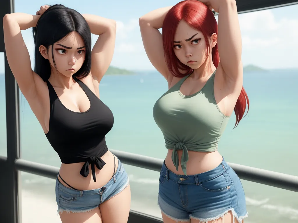 two women in short shorts and tank tops standing next to each other near the ocean and a balcony with a railing, by Akira Toriyama