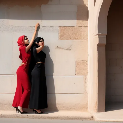 convert image women arab in front of wall bending with big