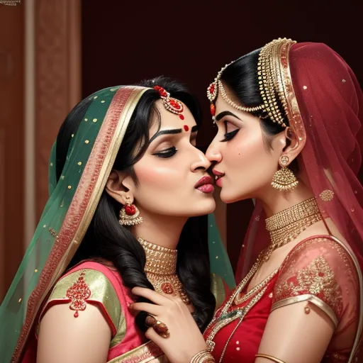 two women in indian garb kissing each other with their heads close together, with a red veil on, by Raja Ravi Varma