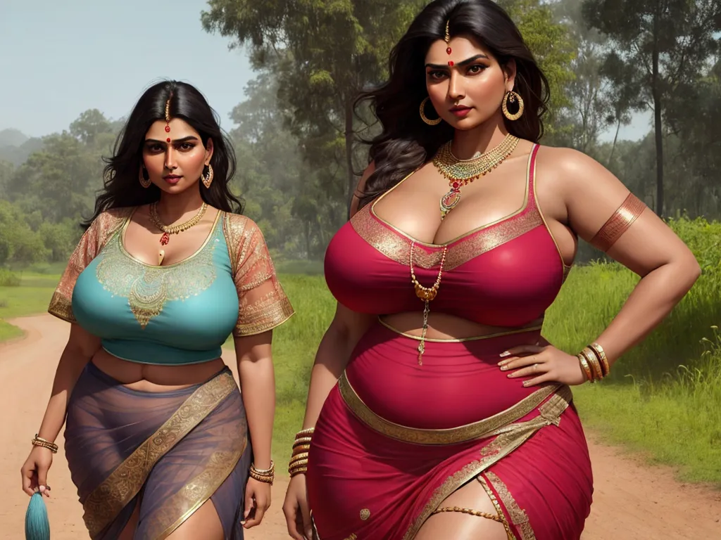 two women in dresses walking down a dirt road together, one in a blue and the other in a red dress, by Raja Ravi Varma