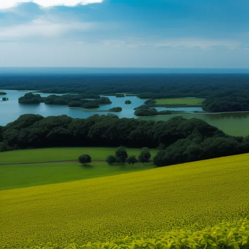 a green field with a lake in the middle of it and trees in the distance in the distance,, by Adolf Dietrich