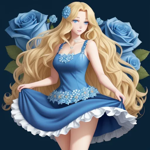 a cartoon girl with long blonde hair and blue dress with roses on her head and a blue rose in her hair, by Sailor Moon