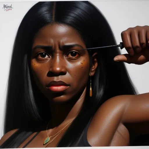 increasing photo resolution - a woman with a knife cutting her hair with a pair of scissors in her hand and a black top, by Kehinde Wiley